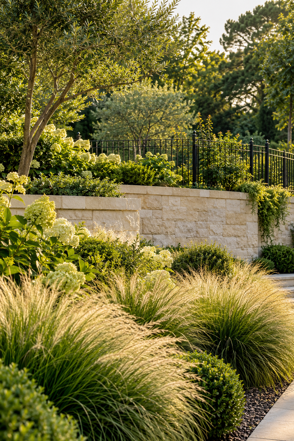 Landscape inspiration featuring lush garden planting, a stone retaining wall, and black iron fencing